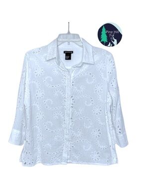 Architect Eyelet Button-up Blouse Womens Large Slim White Cotton Sheer Boxy Crop